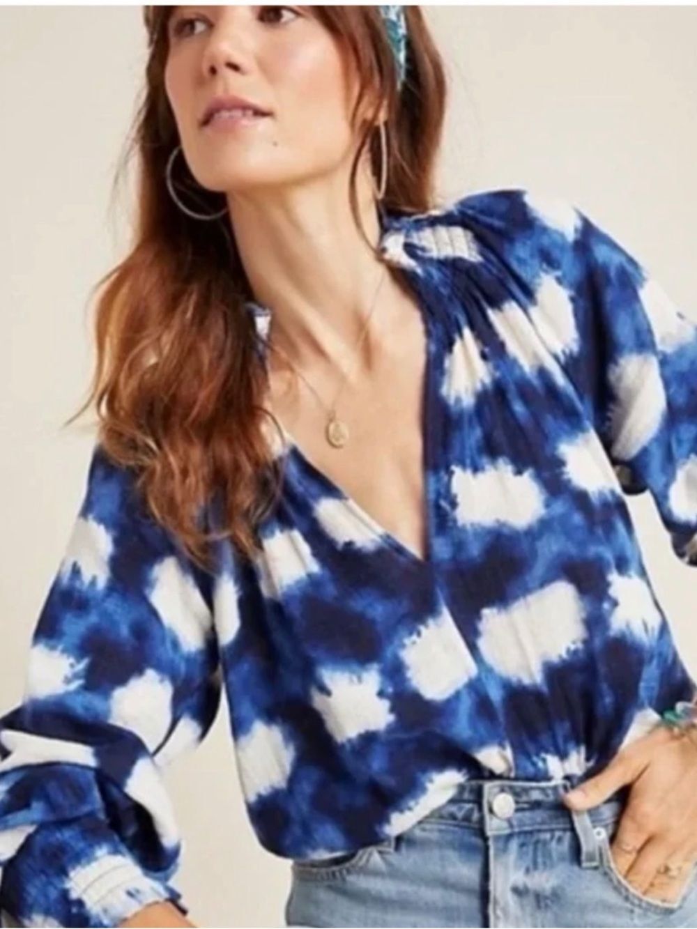 Anthro Porridge Blue Tie Dye Peasant Top XS Boho Smocked Gauze